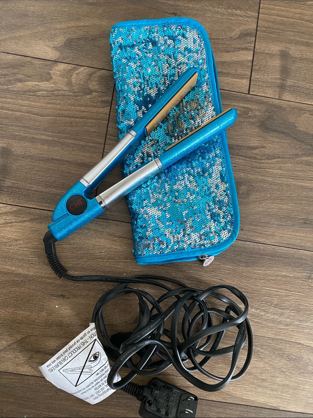 CHI Turquoise Glitter Flat Iron with Case
